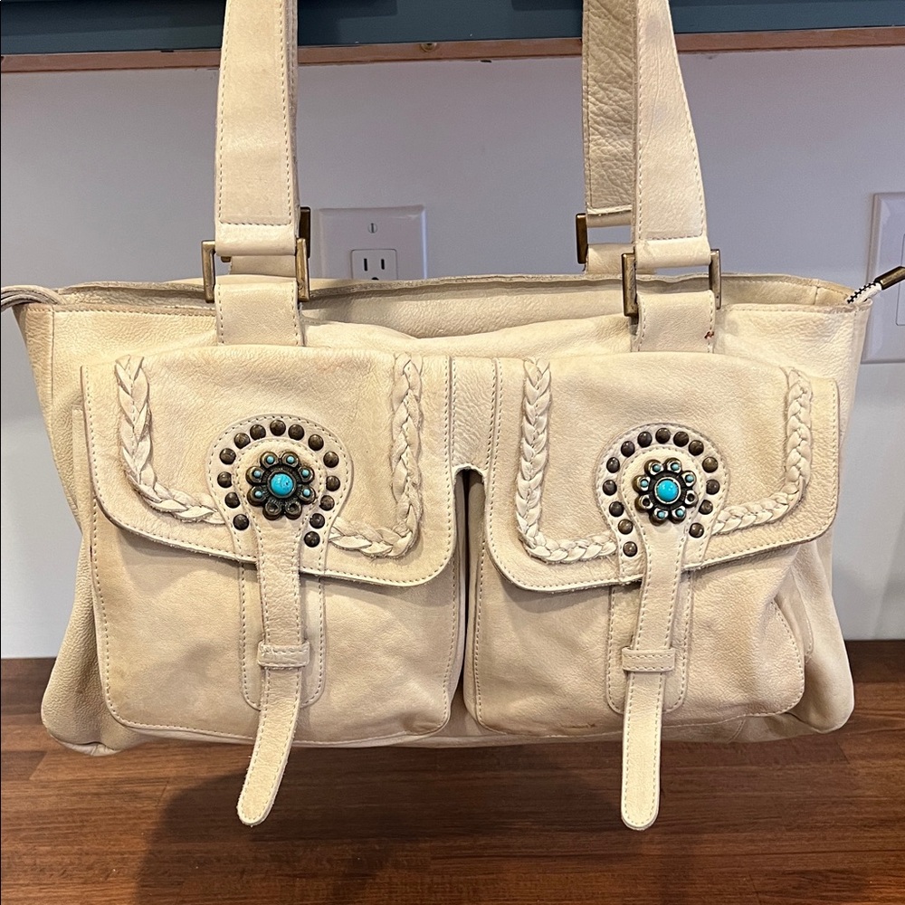 Western Look Cream Leather Shoulder Bag with Braided and Studded Accents